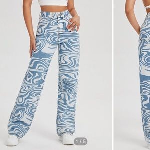 Shein Blue Swirl High Waist Wide Leg Jeans